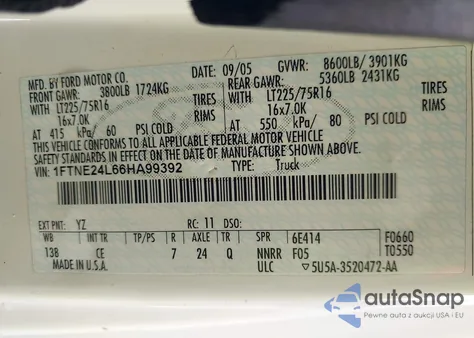 2006 Ford E-250 Commercial/Recreational z USA, uszkodzony, nr VIN 1FTNE24L66HA99392